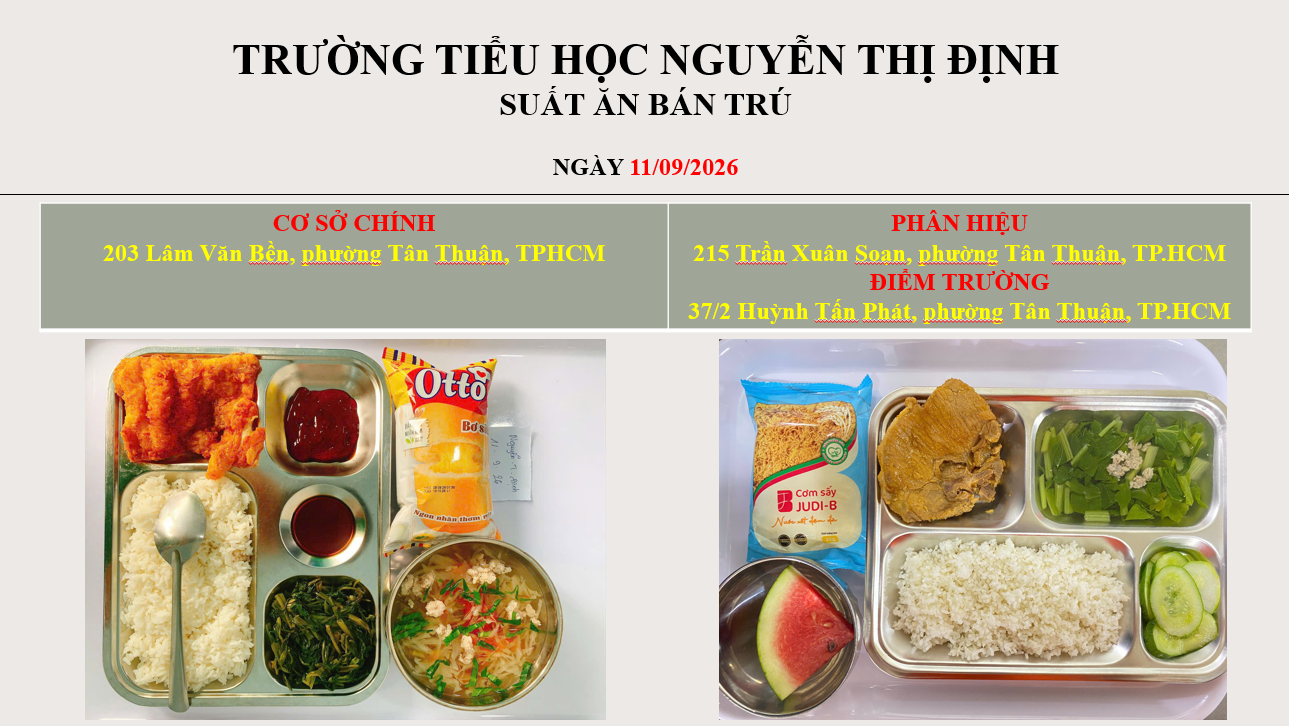 Bữa trưa bán trú ngày 2026-09-11